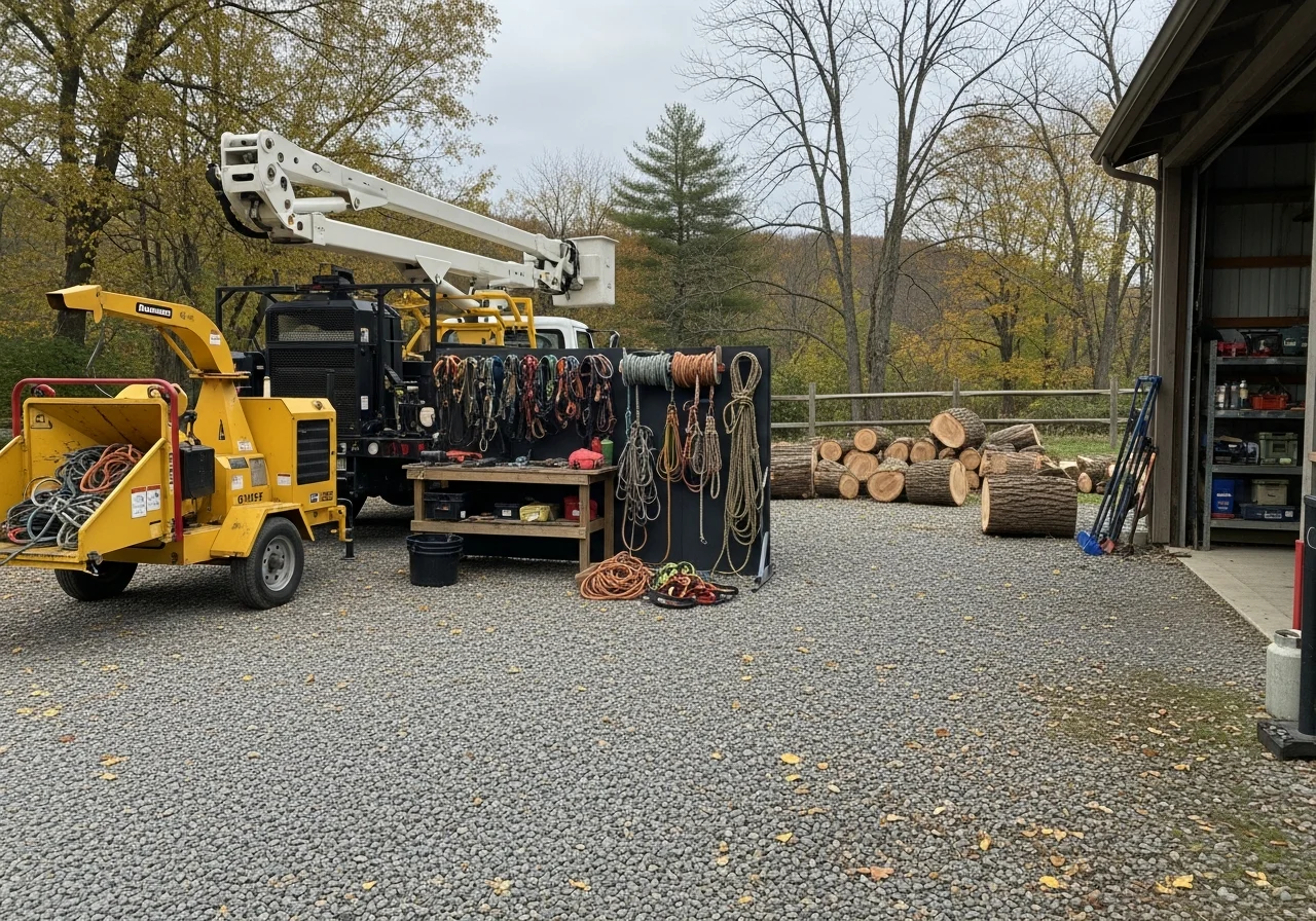 Tree service crew with professional equipment and bucket truck ready for job site work.