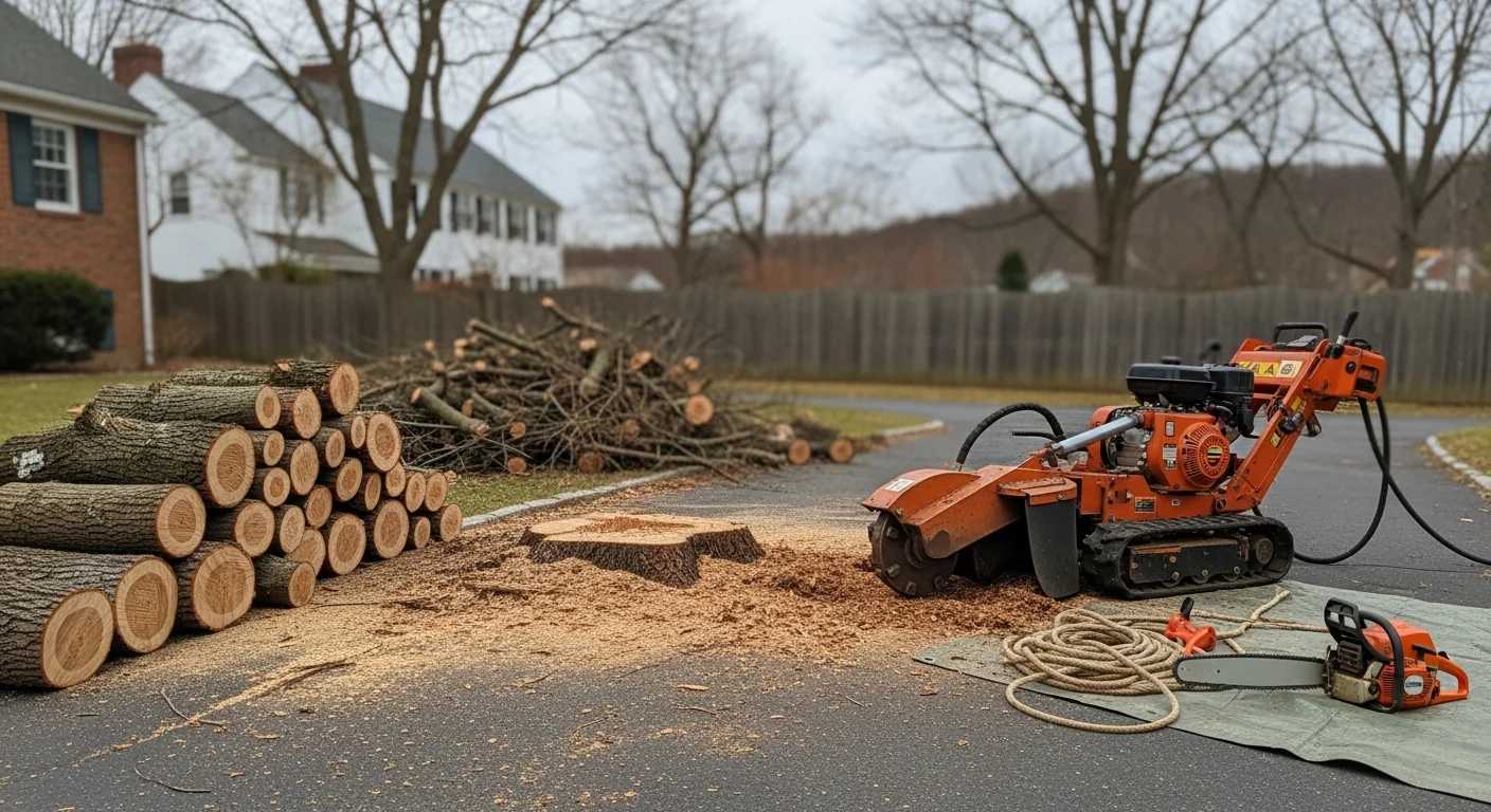 Professional arborist performing tree trimming with bucket truck