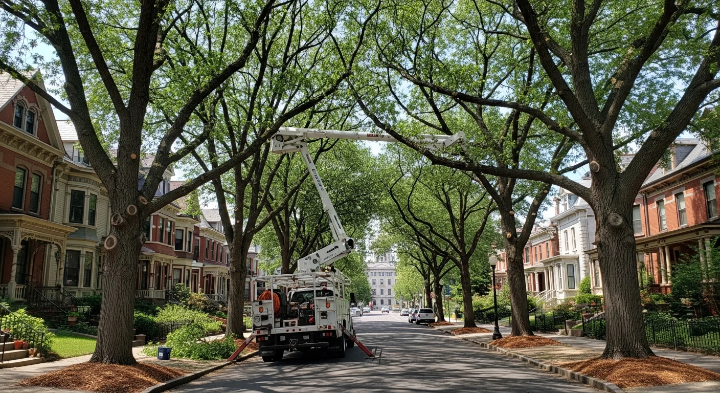 Albany street lined with historic Victorian homes and mature trees, government buildings visible in background.