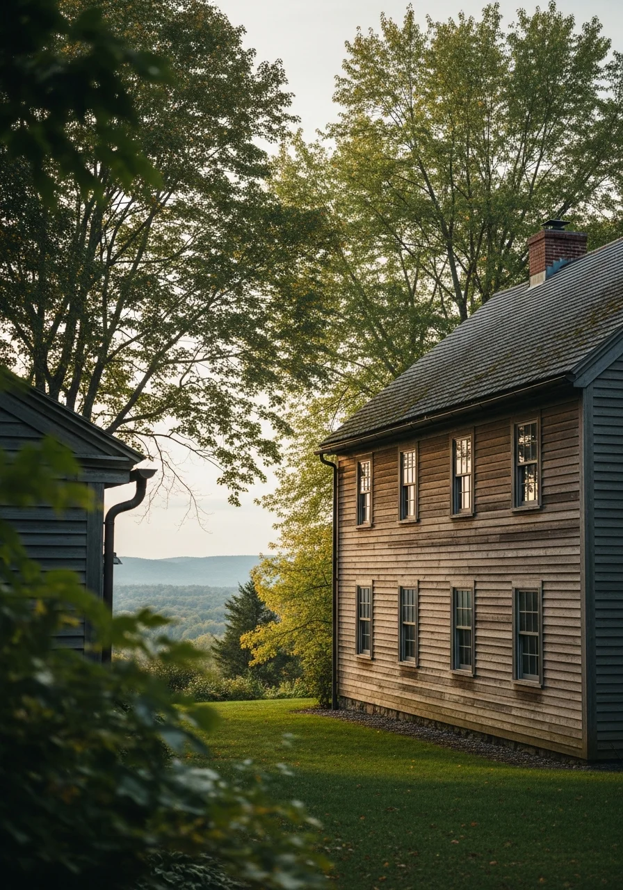 Close-up of traditional Catskill-area home exterior showing period details and riverside setting.