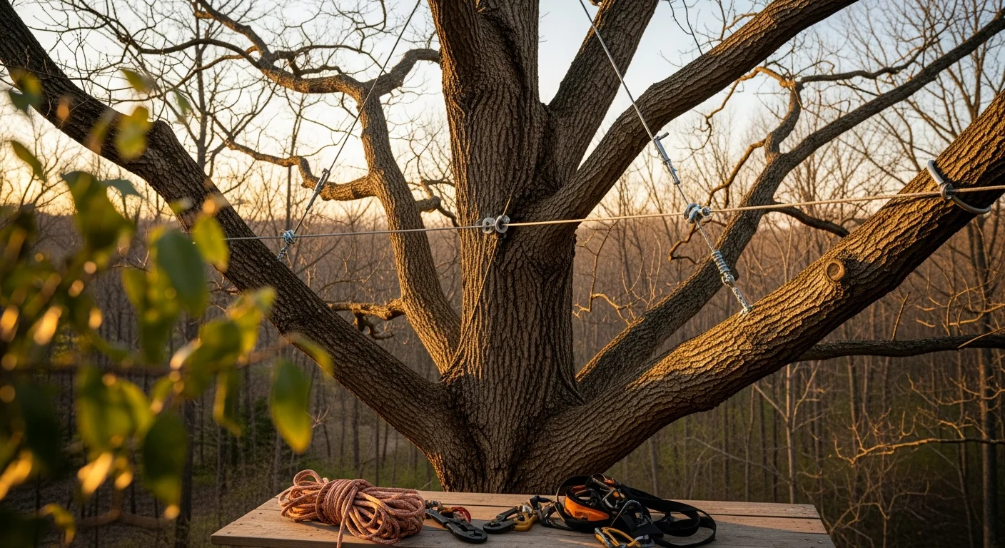 An arborist installing a support cable high in the canopy of a large mature tree on a residential property in Catskill, NY. The tree has a wide co-dominant stem structure with cables running between the upper leaders to reduce the risk of splitting.