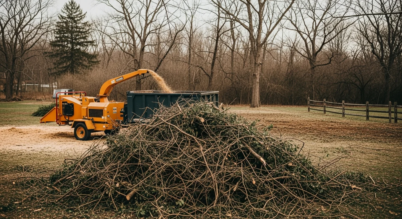 A cleared residential property edge in Catskill, NY showing cut stumps and open ground where dense shrubs and vines have been removed. A tree line remains in the background with usable lawn space visible in the foreground.