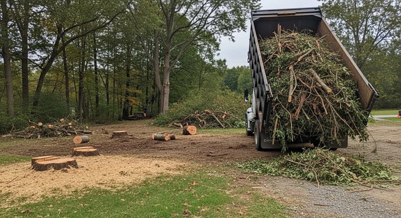 A cleared residential yard in Catskill, NY showing a clean lawn after branch and brush debris has been fully removed and hauled away. A Richters Tree Service truck is visible in the background near a wooded property line.