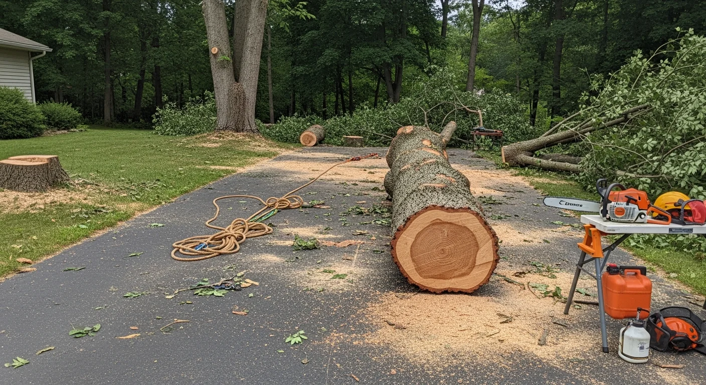 A large storm-damaged silver maple tree removed from a residential property in Catskill, NY, with cut sections stacked on the lawn and the cleared yard visible in the background. A Richters Tree Service crew member stands near the base of the removed trunk.