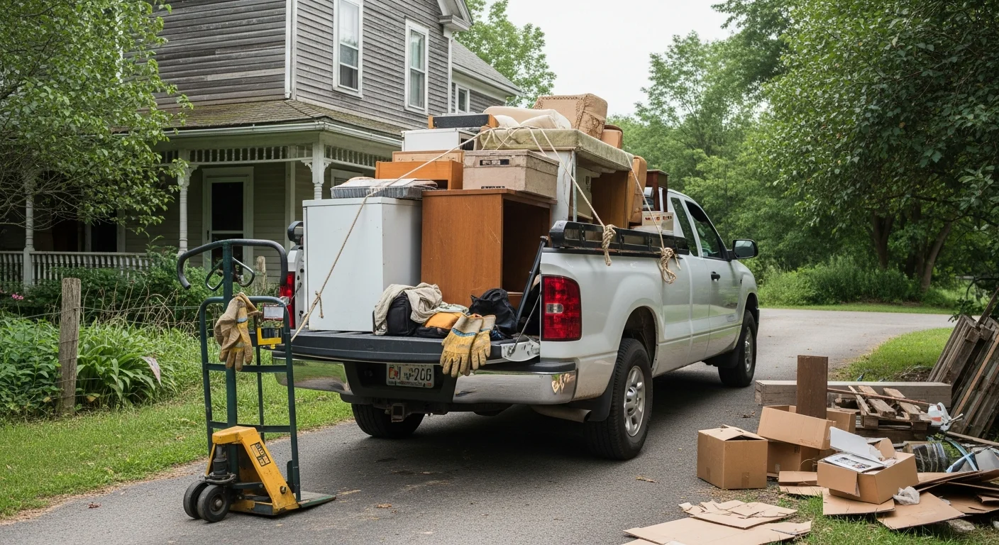 A cleared Catskill-area estate property with an empty driveway and cleaned-out garage after full junk removal and hauling. Debris piles and old furniture have been removed, leaving the exterior ready for sale or renovation.