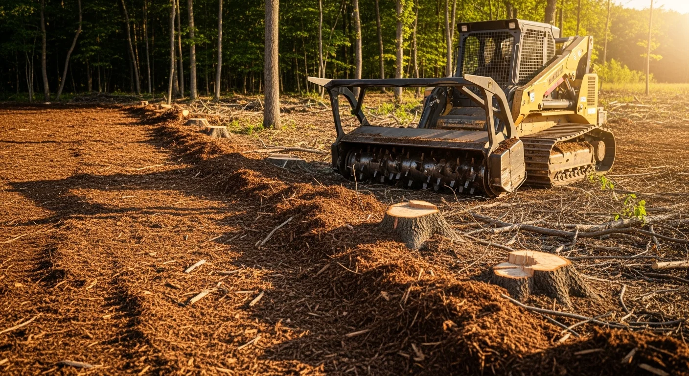 A tracked forestry mulching machine clearing dense brush and saplings on a Greene County, NY residential lot, with a layer of fresh wood mulch spread across the cleared ground. Mature trees at the property edge remain standing and undisturbed.