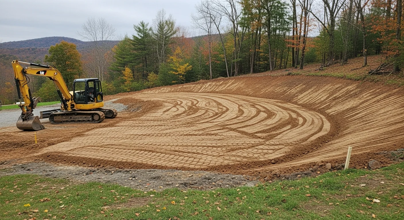 A graded residential lot in Catskill, NY showing smoothly contoured soil sloping away from a home's foundation. Freshly compacted earth is visible across the leveled yard, with surrounding tree lines typical of Greene County properties in the background.