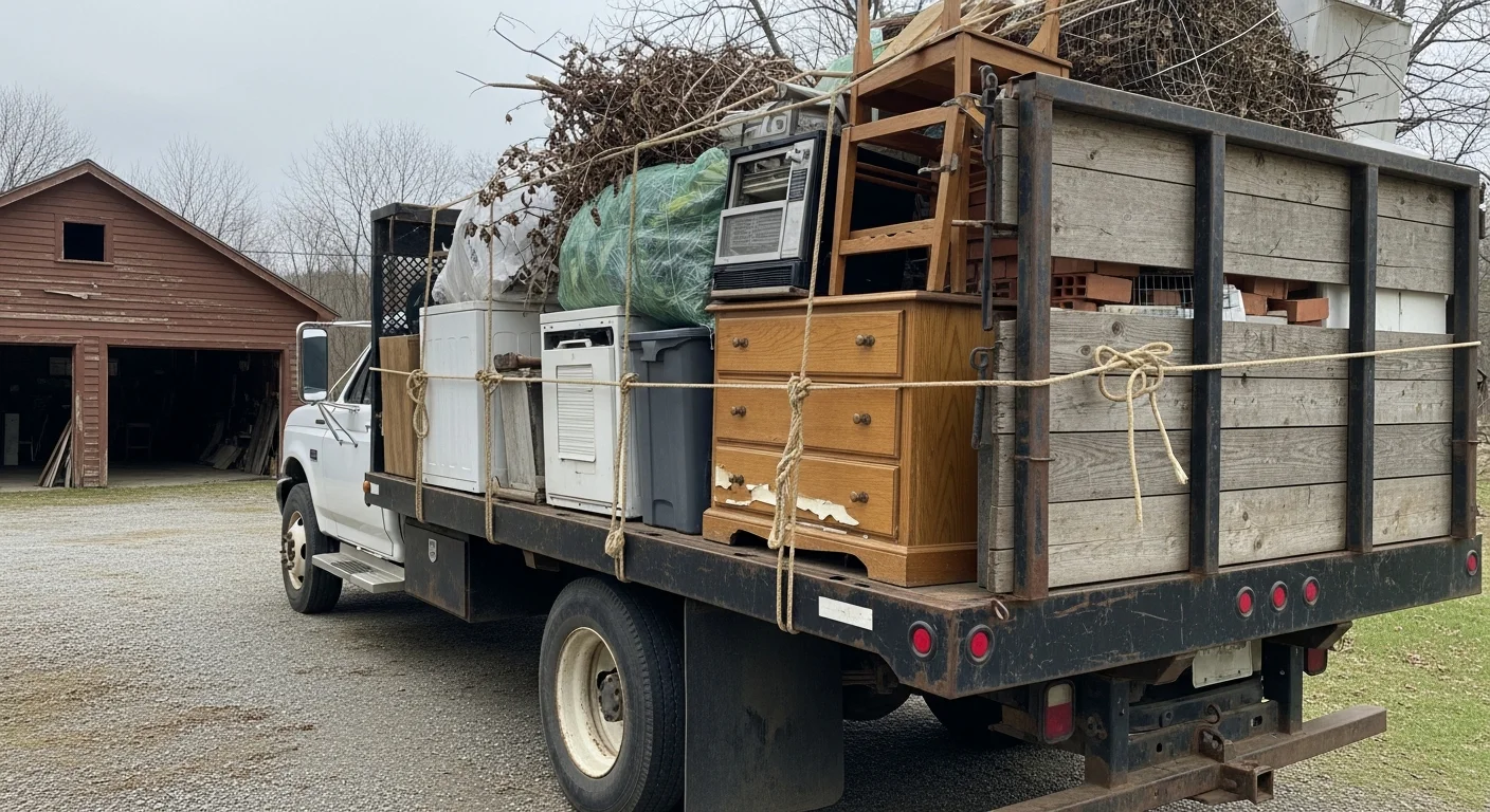 A cleared garage interior at an older Catskill, NY home after junk removal, with empty floor space where furniture and debris previously sat. A Richters Tree Service truck is visible in the driveway with a loaded haul ready for transport.