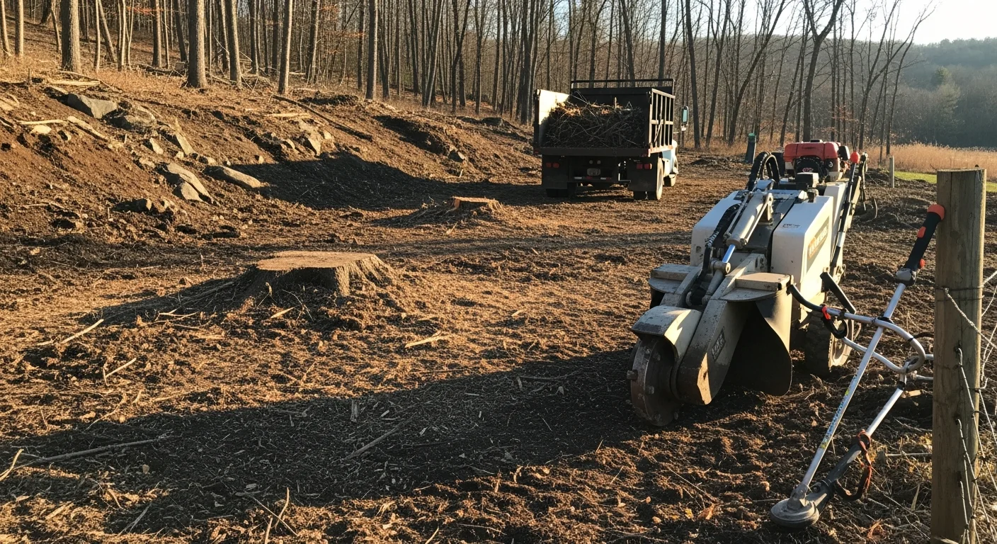 A cleared residential lot in Catskill, NY with stumps ground to grade, brush removed, and open soil ready for construction. Dense second-growth trees visible along the property boundary in the background.