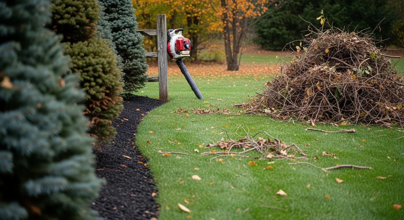 A well-maintained residential property in Catskill, NY with cleared lawn edges, removed leaf debris, and trimmed brush along a wooded lot boundary. A landscaping crew from Richters Tree Service works in the background on a Greene County property following seasonal cleanup.