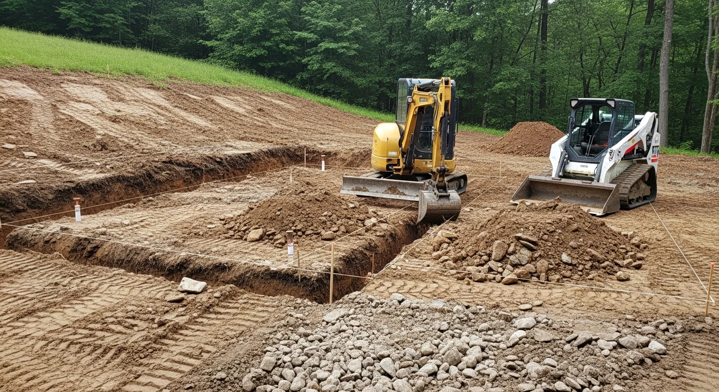 A tracked excavator cutting into rocky, sloped terrain on a residential lot in Catskill, NY, with cleared land and a rough-graded building pad visible in the foreground. Surrounding trees and a Greene County hillside are visible in the background.