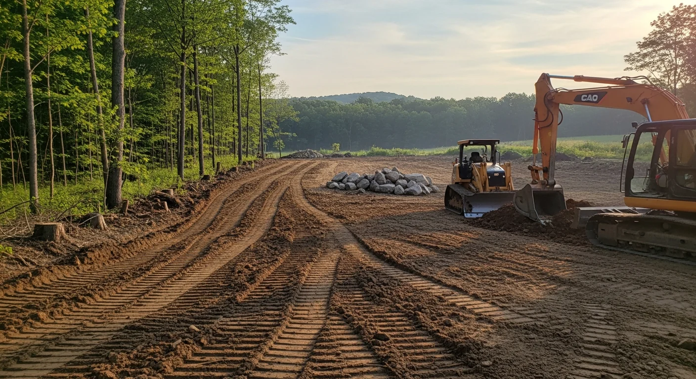 A cleared and graded lot in Catskill, NY with loose soil leveled and tree stumps removed, ready for residential construction. Surrounding wooded hillside visible in the background, showing typical Greene County terrain.