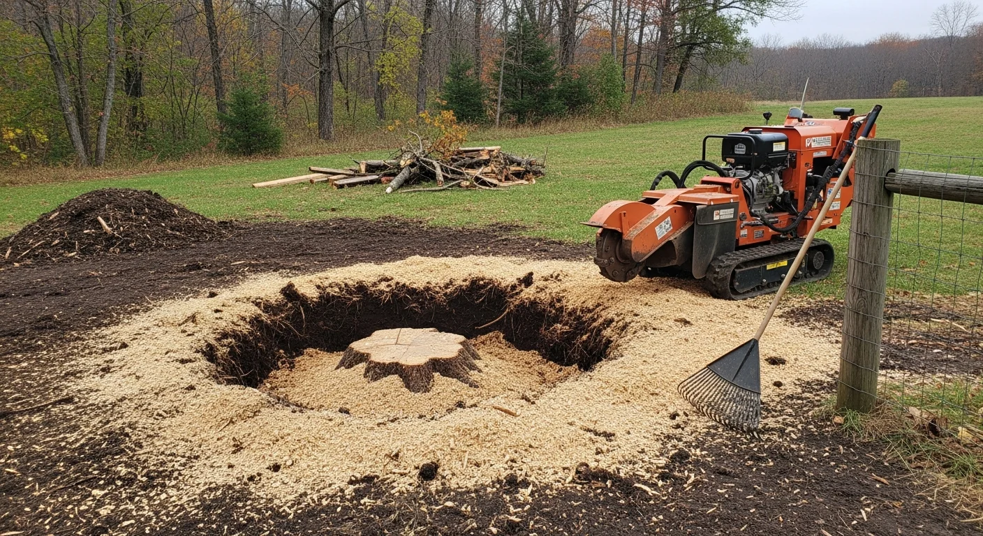 A freshly ground tree stump on a residential lawn in Catskill, NY, with wood chips spread across the leveled soil. The surrounding yard is clear and ready for reseeding or new plantings.