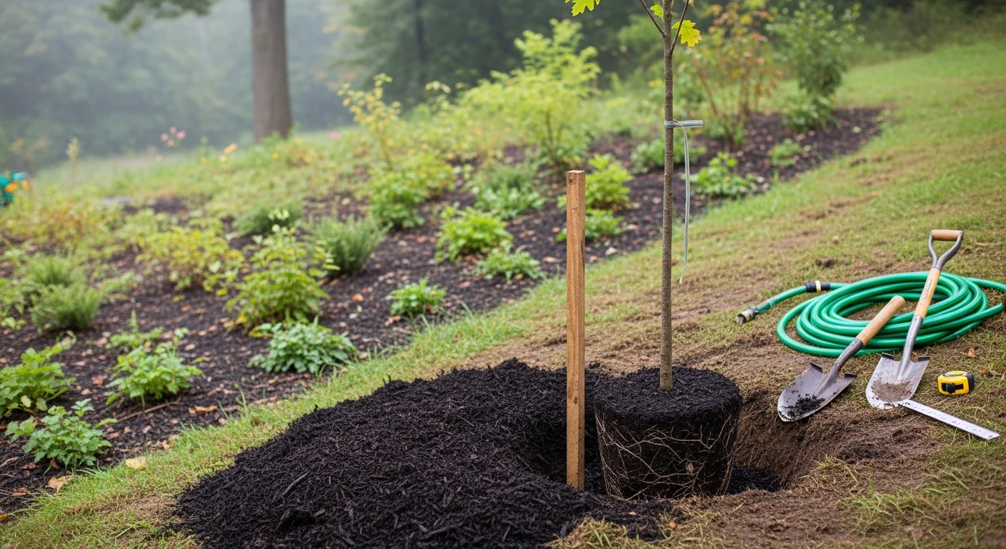 A freshly planted young deciduous tree in a residential yard in Catskill, NY, with mulch laid around the base and a green lawn in the background. A tree service professional from Richters Tree Service stands nearby inspecting the planting site.
