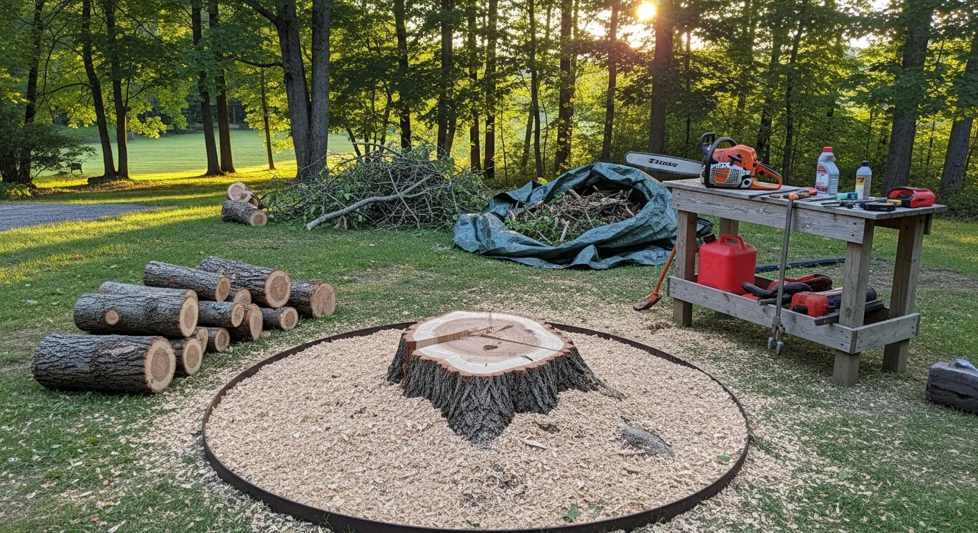 A large silver maple tree being sectionally removed by a tree crew in a residential yard in Catskill, New York. Cut sections of the trunk are stacked near the curb with the home's roofline visible in the background.