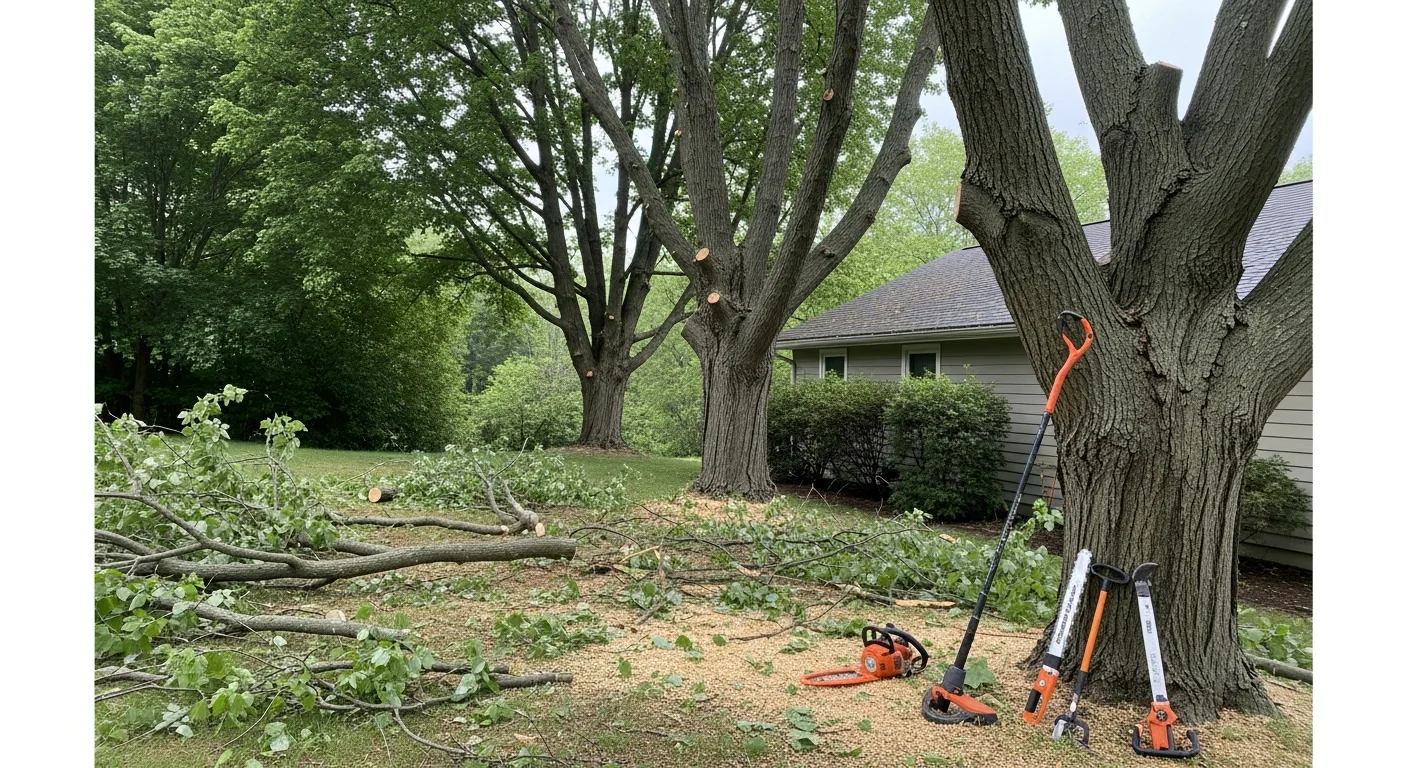 A Richters Tree Service crew member trimming the upper canopy of a large silver maple on a residential property in Catskill, NY. Trimmed branches and cleared deadwood are visible on the ground below the tree.